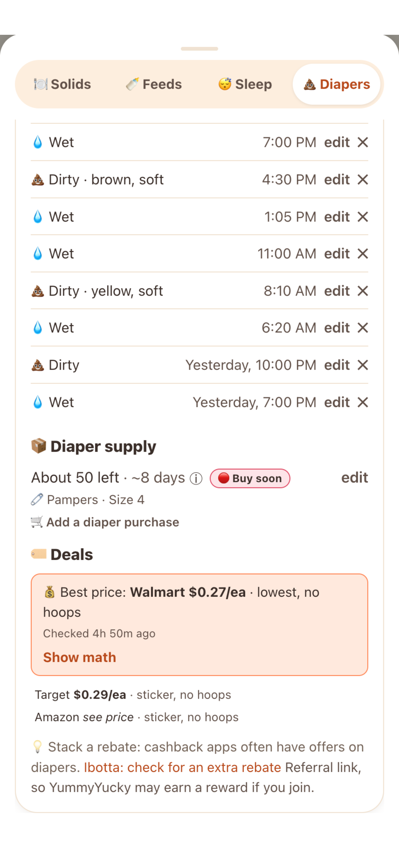 Diaper supply countdown and best-price tracking