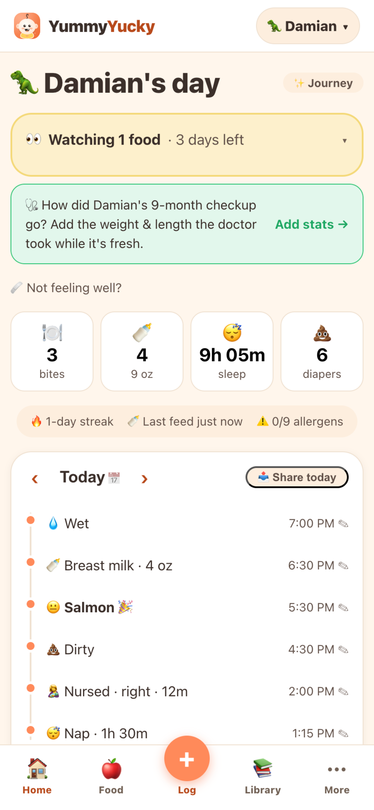 The whole day on one timeline: feeds, sleep, diapers, and first foods