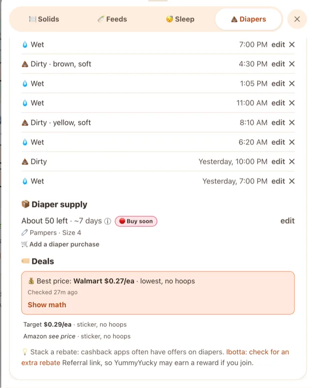 A diaper stash counting down, with the cheapest current price found across retailers