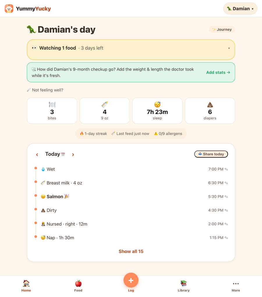 A whole feeding day on one timeline: feeds, naps, diapers, and a babyβs first taste of salmon